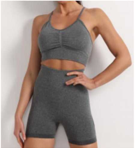 the keeper seam free GATHERED CROP & high waist scrunch bum bike short SET grey